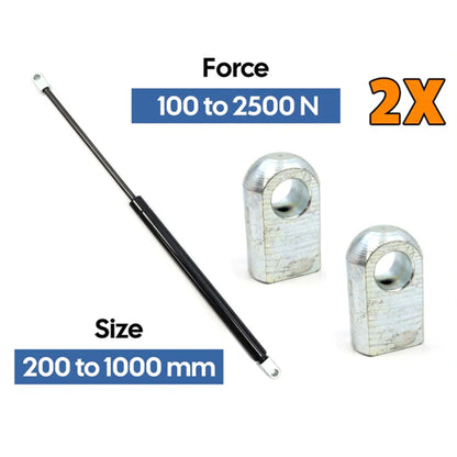 2x Universal Gas Struts 200-1000mm Multi Purpose 100-2500N Eyelet Head Clips